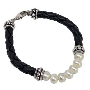DESIGNER HONORA SIGNED STERLING SILVER BLACK BRAID LEATHER PEARL BRACELET 7"